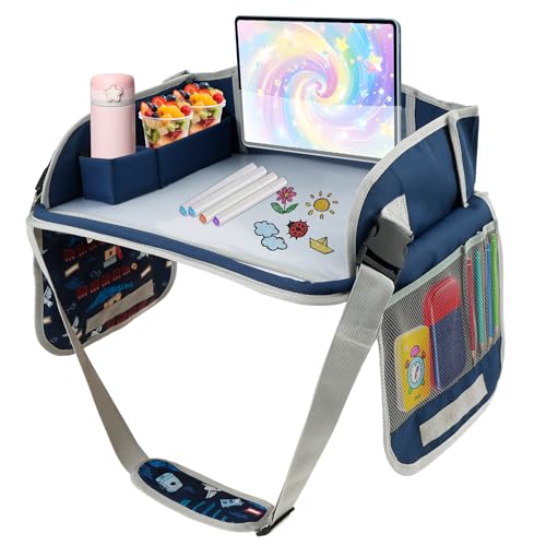 RdjEokf Kids Travel Tray for Car Seat, Portable Carseat Table Tray, Waterproof Foldable Car Seat Lap Tray with Adjustable Shoulder Straps, Road Trip Essentials for Children Boy Girl (navy blue)