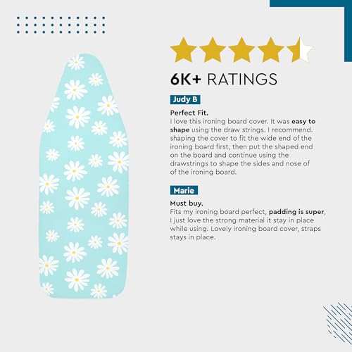 Image of Encasa XO Ironing Board Cover with 3mm Thick Felt Pad for Steam Press (Fits Standard Large Boards of 125x39 cm) Heat Reflective, Scorch & Stain Resistant, Printed - Daisy Blue
