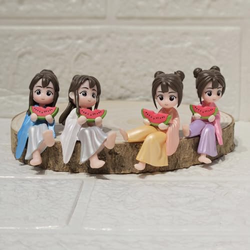 Image of Cute Miniature Watermelon Girl Figurines Set of 4 | PVC Tiny Dollhouse Accessories | Fairy Garden Mini Decor Showpieces | Gift Items for Home Desk Shelf