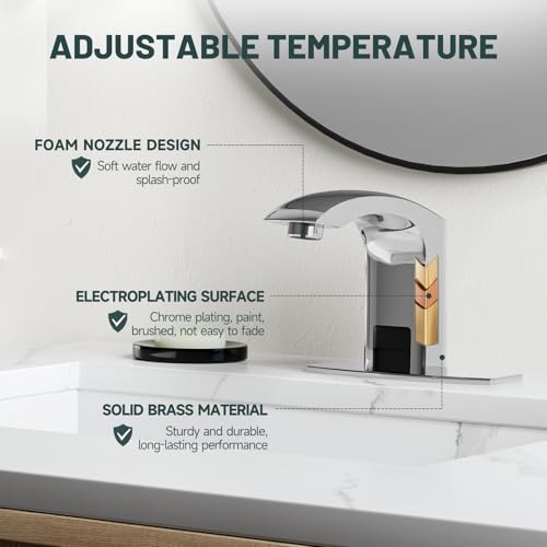 Image of Touchless Bathroom Sink Faucet, Greenspring Automatic Sensor Faucet, Hands Free Vanity Faucets, Commercial Deck Mount Bathroom Faucet with Cover Plate, Chrome
