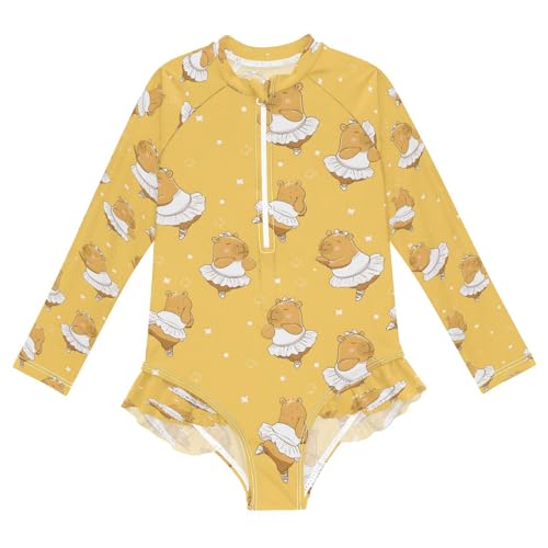 Capybara Dancing Yellow Girls Long Sleeve Swimsuits One Piece Zipper Bathing Suit UPF 50+ Rashguard Swimwear