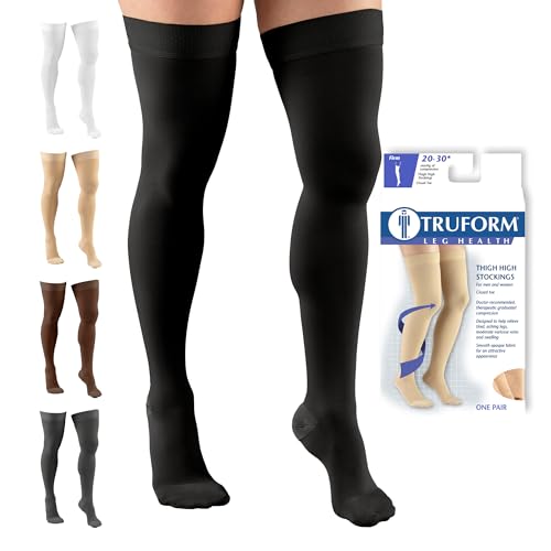 Truform 20-30 mmHg Compression Stockings for Men and Women, Thigh High Length, Dot Top, Closed Toe, Black, Medium