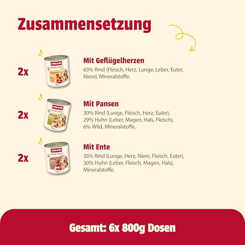 animonda GranCarno Adult Deftige Variation (6 x 800 g), Hundenassfutter für ausgewachsene Tiere, Nassfutter für Hunde mit 100% frischen, fleischlichen Zutaten, Hundefutter ohne Getreide