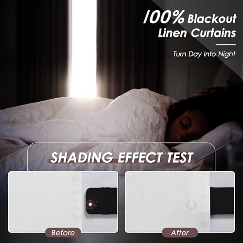 Image of Off White 100% Blackout Linen Curtains for Bedroom 108 Inches Long Back Tab Rod Pocket Thermal Insulated Acoustic Panels Black out Curtain for Living Room Dining Room Modern Drapes 52x108, 2 Panels