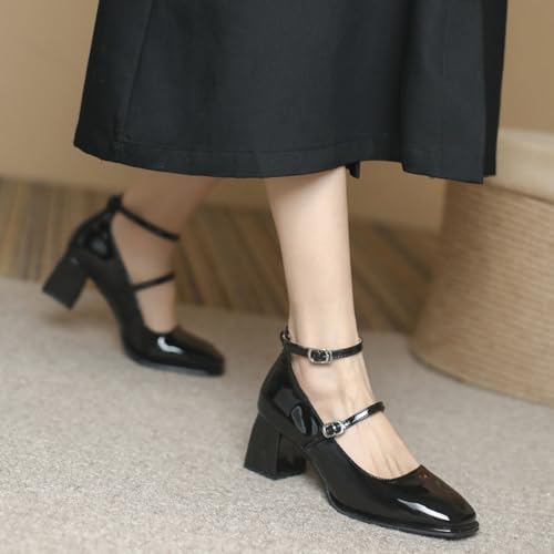 YIYA Women's Mary Jane Heels Square Toe Chunky Block Heel Ankle Buckle Strap Patent Leather Work Dress Pumps Shoes3