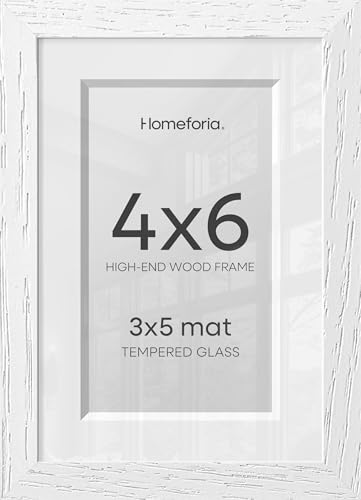 Image of Homeforia White Picture Frames 4x6, High End Oak 4x6 Wooden Frame with Mat 3x5 Art, 4 x 6 White Wood Frames Matted to 3 x 5 inch Photo, 6by4 Wall or Tabletop Frame, Tempered Glass, Wall Kit, Set of 1