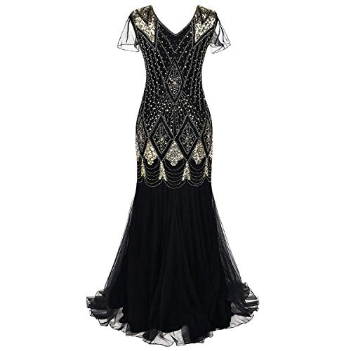 Owlfay APP-100622-B07YGRRXBP Women’S 1920S Vintage Flapper Fringe Great Gatsby Party Dress Sequin Maxi Evening Cocktail Dresses Ladies V-Neck Floor Length Long Prom Mermaid Formal Gown Wedding Bridesmaid Dance Dress Black+Gold M thumb #2