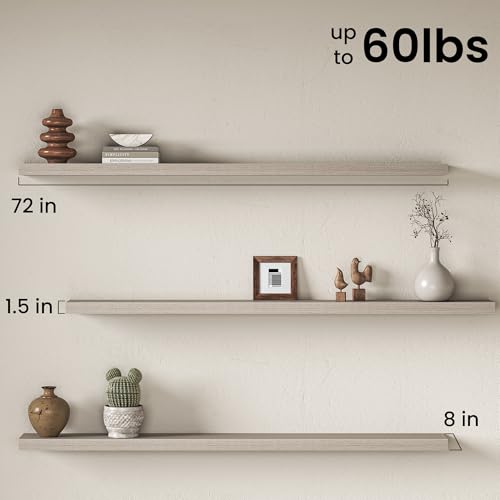 Image of Fun Memories 72Inch Long Floating Shelves, 8 Inch Deep Shelves for Bedroom|Living Room, Wall Mounted Wood Hanging Shelf with Invisible Brackets for Fireplace Mantel Home Storage Decor, Grey - 2 Pack