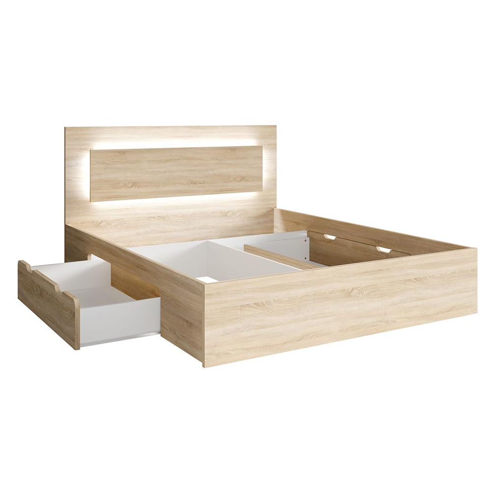 Lomadox Bett Bettgestell 180x200 cm in Eiche mit 2 Bettschubladen, Kopfteil mit LED-Beleuchtung