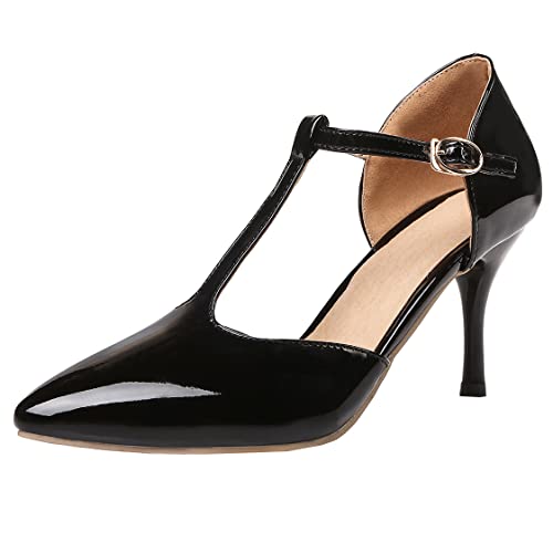 BEAUPAS Women's T Strap High Heels Pumps Pointed Toe Stiletto Heeled Ankle Strap Pumps Patent Buckle Shoes