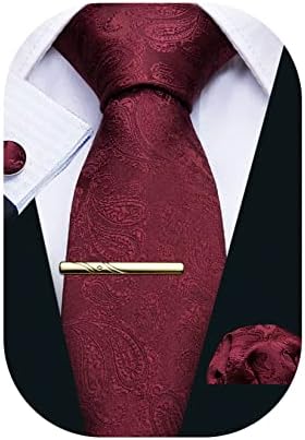 Barry.Wang Men Paisley Floral Silk Tie Set Necktie Solid Handkerchief Cufflinks Tie Clip Wedding Business