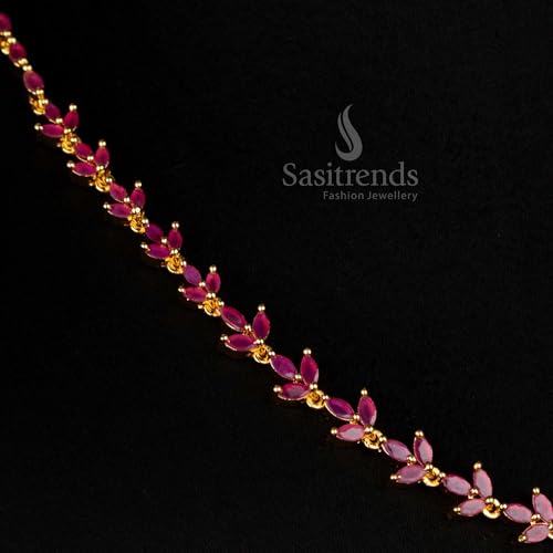 Image of Sasitrends Micro Gold Plated American Diamond Ruby stone Studded Necklace Jewellery Set