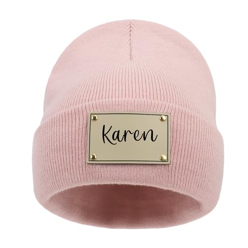 Custom Baby Beanie Hat Newborn Beanies Baby Boy Girl Leather Patch Winter Beanies for Infant Kids Toddler Adults (Medium, Pink)