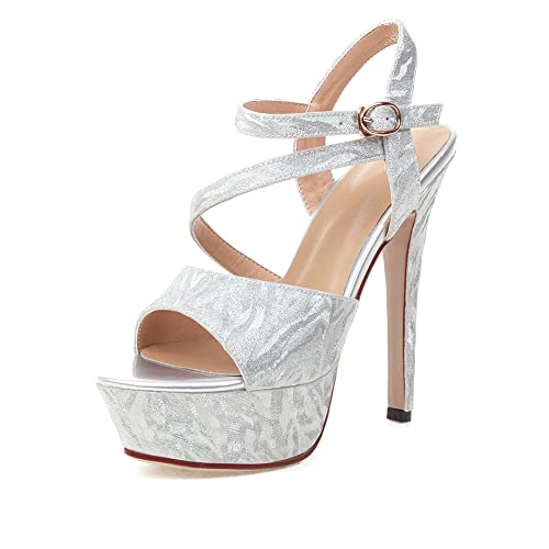 PAUVAODY Mujer'S Plataforma Stiletto Sandalias Punta Abierta Tacón Alto Dress Zapatos Plataforma Sandalias Correa de Tobillo Noche Fiesta Heels Silver Size 38 Cover