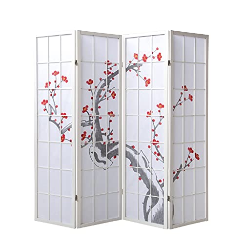 Homestyle4u 4 pan Pliante modèle de cloison - cloison Bois Shoji en Blanc avec des Fleurs de Cerisier - Salle écran