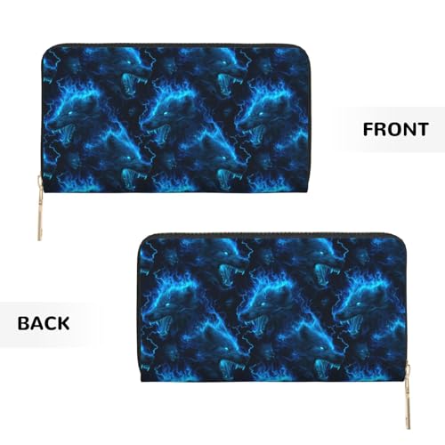 Leather Thin Slim Wallets for Women Men - Fashion Blue Lightning Wolf flamePrint Card Wallet Holder with Zipper 7