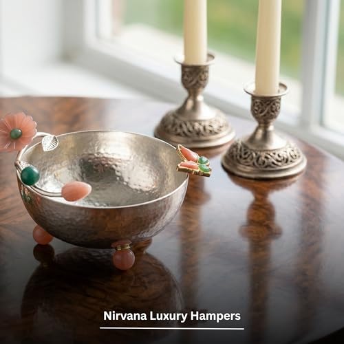 Image of Premium Silver-Plated Hammered Decorative Bowl | Stone Floral & Butterfly Design | Luxury Home Decor & Dry Fruit Serving Centerpiece | 15x12x8 cm | Net Qty: 1
