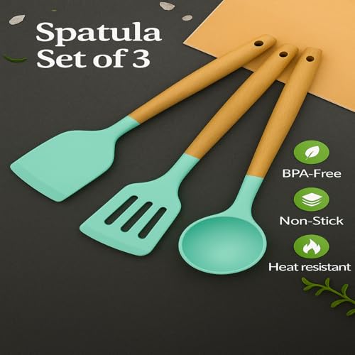Image of Sakoraware Silicone Spatula Set with Wooden Handle Kitchen Tools Mixing | Serving Cooking Spoon | Turner | Soup Ladle | Non-Stick | BPA Free Kitchen Tool Set of 3 (Green)