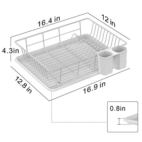 Dish Drying Rack, F-color Dish Rack with Drain Board, Utensil Holder, Anti Rust Dish Drainer for Kitchen Counter Top Dish Rack Wire Holder, White, 16.4 x 12 x 4.3 inch - Thumbnail 7