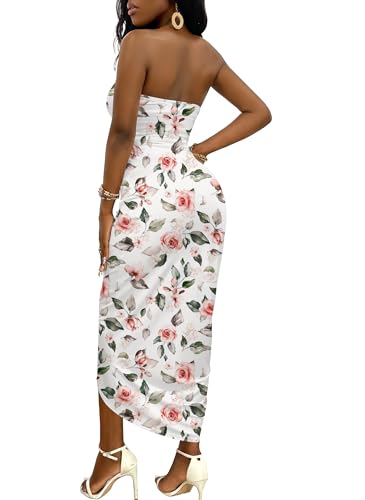 Image of Umenlele Women's Strapless Ruched High Waist Wrap Split Asymmetrical Beach Maxi Long Dress
