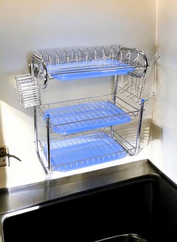Image of AMOL Premium Stainless Steel 3-Tier Kitchen Rack - Wall /Countertop Dish Drainer with Utensil & Glass Holders, 3 Draining Trays - Rustproof Organizer