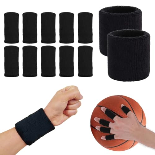 RuiChy Sport Wristband & Finger Protector Sleeve, 2Pcs Wrist Sweatbands and 10Pcs Finger Compression Sleeves Support Arthritis Trigger Thumb Fingers Protector for Basketball Tennis Fitness (Black)