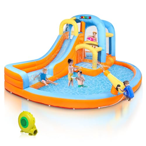 JOYMOR 5-in-1 Inflatable Water Slide Park, Water Bounce House w/Air Blower, Climbing Wall, Double Jump Area, Splash Pool, Water Cannon, Wet or Dry Combo Castle Outdoor Backyard Playhouse for Kids