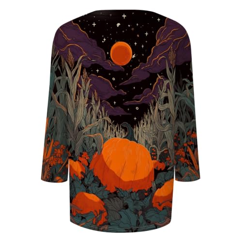 Image of Women Spooky Halloween Graphic Shirt 3 /4 Length Sleeve Crewneck Top | Halloween Funny Printed Pumpkin Plus Size Tshirts 2026 Fall Outfits Skeleton Tee Going Out Tops