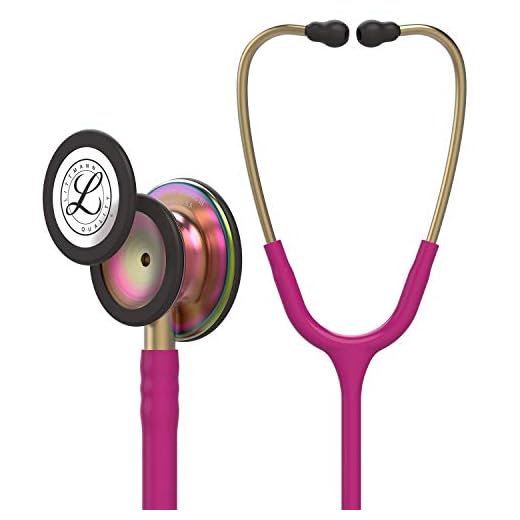 Amed Professionelles Analoges Aneroid Blutdruckmessgerät mit Stethoskop 5 3M Littmann Classic III Stethoskop zur Überwachung, regenbogenfarbenes Bruststück, himbeerroter Schlauch, 69 cm, 5806