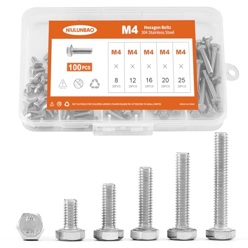 Image of M4 x 8mm 12mm 16mm 20mm 25mm Heavy Duty Hexagon Bolts Hex Head Screws, 304 Stainless Steel, Metric Machine Fully Threaded, Bright Finish, Assortment Kit 100PCS