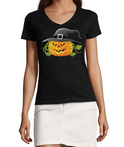 Chapeau de Sorcière et Citrouille Imprimés sur T-shirt Noir Femme