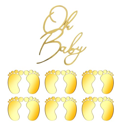 YUZNA Oh Baby Cake Topper, topper de tarta acrílico con 6 huellas decorativas, decoración para Baby Shower y revelación de género (Oro)