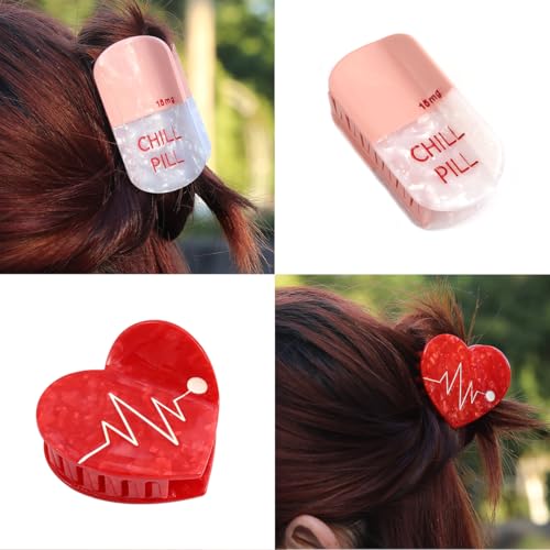 Chill Pill Red Heart Acetate Hair Claw Personal Acetate Hair Claw for Women Set of 2, Red and Pink