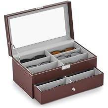 CO-Z Sunglasses Organizer with 12 Slots, Leather Eyeglasses Storage Box for Women Men, 2 Story Lockable Display Case for Multiple Glasses, Sunglasses Jewelry Collection Holder with Drawer, Brown