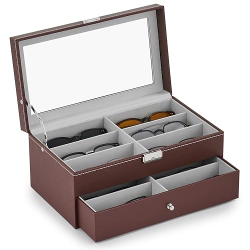 Image of CO-Z Sunglasses Organizer with 12 Slots, Leather Eyeglasses Storage Box for Women Men, 2 Story Lockable Display Case for Multiple Glasses, Sunglasses Jewelry Collection Holder with Drawer, Brown