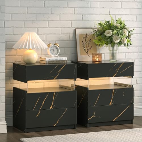 i-aplus Modern LED Nightstand Set of 2 for Bedroom,Office and Dorm,3 Drawer