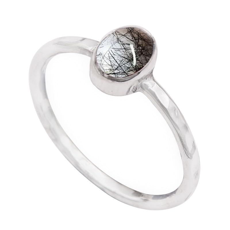 JEWELSTREZORO TSR333AA - Anillo de plata de ley 925 maciza hecho a mano para hombres y mujeres, I, Metal Piedra preciosa., Cuarzo rutilado negro