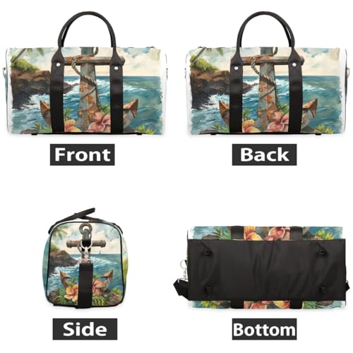 Travel Duffel Bag, Ocean Anchor Tropical Flower Sports Tote Gym Bag Foldable Western Aztec Weekender Bag Carry on Luggage Handle Bag Overnight Shoulder Bag for Women Men,A-4852