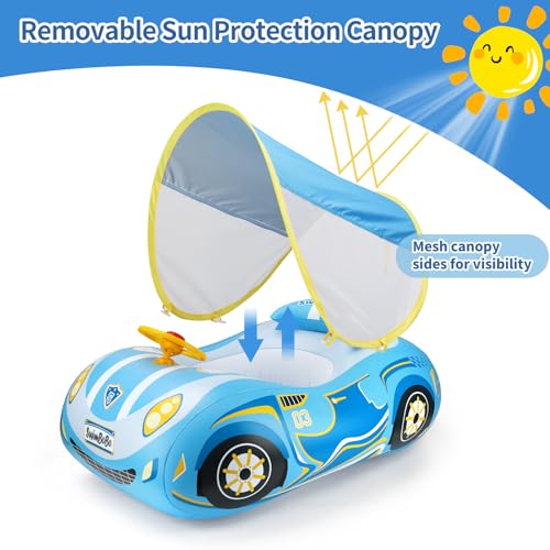 Swimbobo Toddler Pool Float Inflatable Car Baby Swim Float with Adjustable Sun Canopy and Safety Seat Pool Toys for Kids 3+ Years Old (Blue Sports Car)