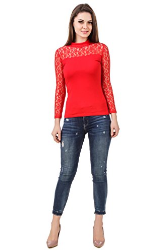 Image of LE BOURGEOIS Red Net Yoke Full Sleeve High Neck Top for Women