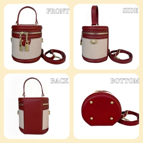 Image of Retro Bucket Bag Color Contrast Cylinder Purse | Senior Sense Style, Single Shoulder Crossbody, Zipper Closure, 4.7x6