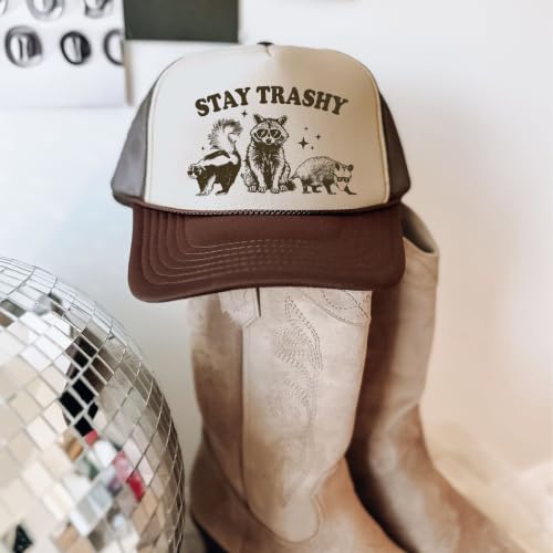 Image of Stay Trashy Funny Raccoon Graphic Classic 5 Panel Mesh Snap Back Trucker Hat