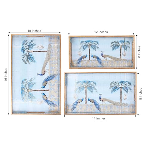 Image of Rectangular Wooden MDF Serving Trays Set of 3 (16x10, 14x8, 12x6 Inches) - Enamelled Finish with Easy-Grip Handles, Perfect for Dining, Tea, Snacks & Home Decor (Blue Peacock)