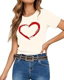 HERLOLLYCHIPS Women Cute Heart Graphic Crewneck Short Sleeve Regular Fit Casual Tee T-Shirts Tshirt Tops (White, Large)