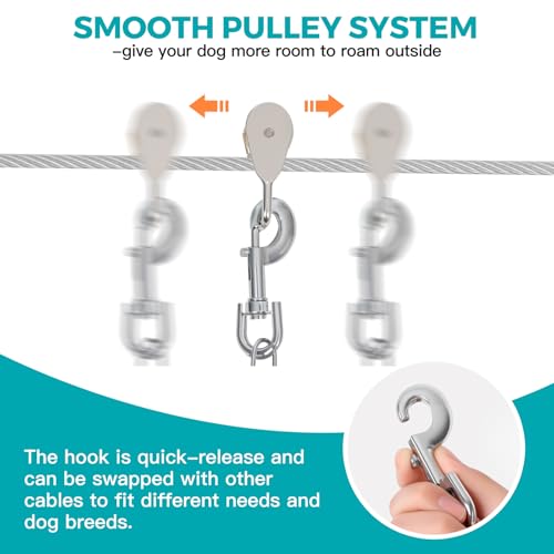 VST Dog Tie Out Runner for Yard,Dual Shock-Absorbing 50FT Dog Run Cable with Spring Lead,Chew Proof Zip Line for Outside Camping,Heavy Duty Trolley System for Small/Medium/Large Dogs Up to 250LBS - Image 5