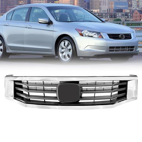 DIBON AUTO Front Upper Hood Bumper Grille for Honda Accord 4 Door Sedan 2008-2010 Black with Chrome Molding Trim Grill