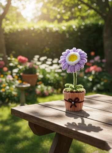 Image of Handmade Artificial Flower Pot for Home Decor | Cute Fuzzy Wire Pipe Cleaner Flower Plant | Aesthetic Tabletop Decorative Pot for Home, Office & Gifting (Soft Bloom :- White - Purple)
