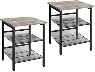 VASAGLE Side Table Set, Nightstand, Set of 2 Industrial Bedside Tables, with Adjustable Mesh Shelves, Living Room, Bedroom, Hallway, Office, Stable, Greige and Black LET024B02