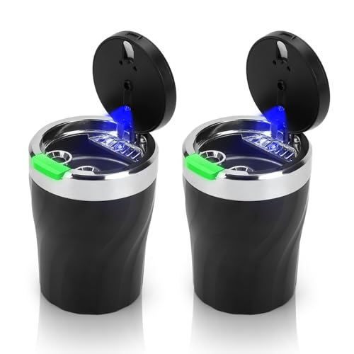 LYCXAMES 2 Stück Aschenbecher Auto Tragbarer Metall Rauchfreier Aschenbecher mit Deckel und LED Licht für Autos Vans Outdoor Camping