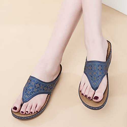 Ecetana Womens Sandals Flip Flops For Women With Arch Support Cushion Summer Casual Rhinestone Wedge Sandal Shoes Massage Function Blue #TOP5